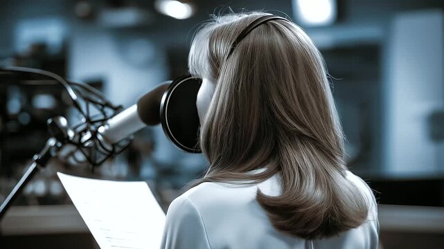 Faceless angle from behind, showing hair and shoulders slightly blurred, with microphone and script in clear focus, with copy space