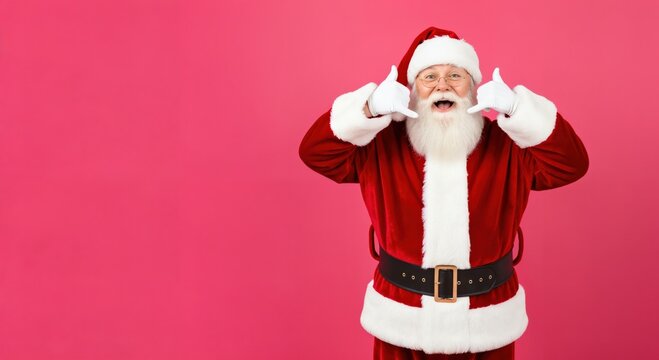Funny Santa Claus making a call me hand gesture with both hands. Cheerful senior man in a Christmas costume isolated on a pink background.