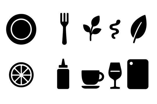 Kitchen and cooking silhouette icon set: essential culinary tools and ingredients