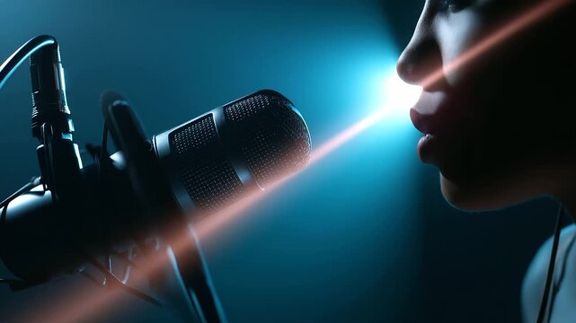Faceless partial silhouette in front of a microphone, script illuminated by a narrow beam of light, with copy space