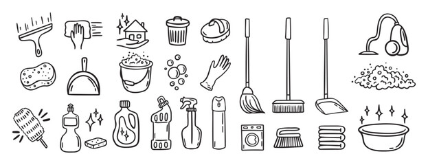 Cleaning kit equipment doodle hand drawn icon set. Outline drawing cleaning inventory, clean tools wash, bucket and mop, spray bottle with detergent cleaner line clipart symbol collection © Yanka