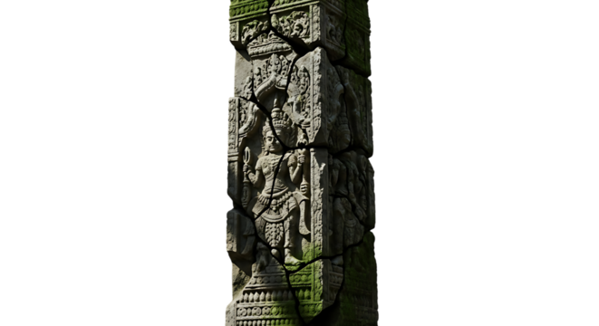 Stone pillar fragment, ancient with carved figures and moss growth, cutout, PNG isolated on transparent background