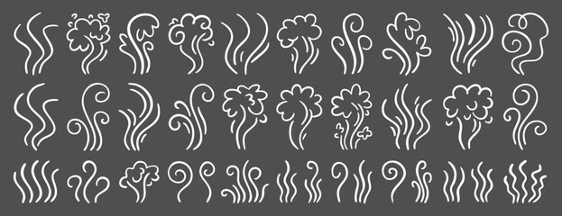 Hand drawn aroma vapor icons White line icon set on dark background hot aroma, cooking steam, smoke, odor and vapor