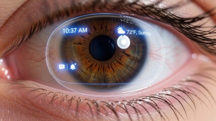 An extreme close-up of a human eye with a smart contact lens displaying a digital interface.