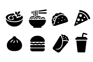 Food and drink solid icon set. Dining, cuisine symbols for restaurants and menus.