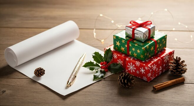 Christmas wish list or holiday letter with festive wrapped gifts, holly, pinecones, and cinnamon sticks on a rustic wooden table, illuminated by warm string lights.