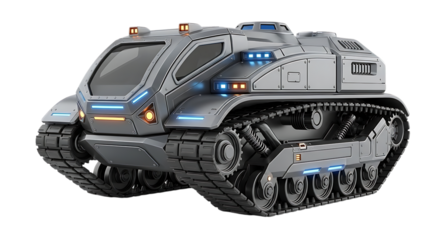 Armored tracked vehicle, futuristic with blue and orange illuminated lights, cutout, PNG isolated on transparent background