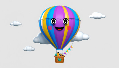 A whimsical 3D rendering of a colorful hot air balloon with a smiling face, floating amidst fluffy white clouds against a light gray background.