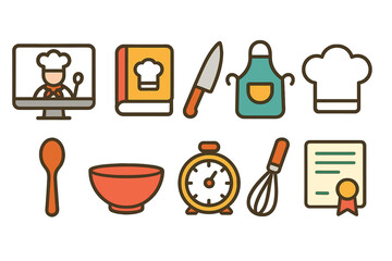 Cooking and kitchen tools icon set in a filled style. Chef, utensils, appliances icons.