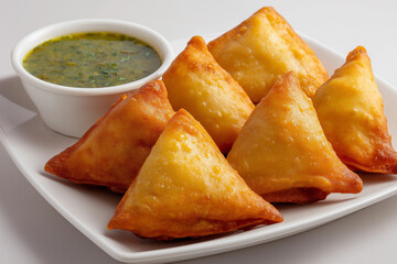 Crispy Indian Samosas with Mint Chutney on White Plate