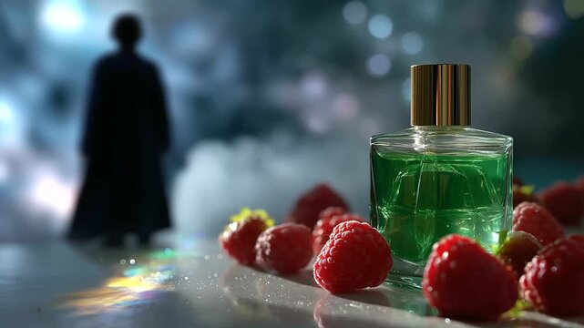 A faceless figure&rsquo;s silhouette blurred in the background while a green perfume bottle sits in the foreground surrounded by soft-focus raspberries and sugar mist, whimsical airy lig