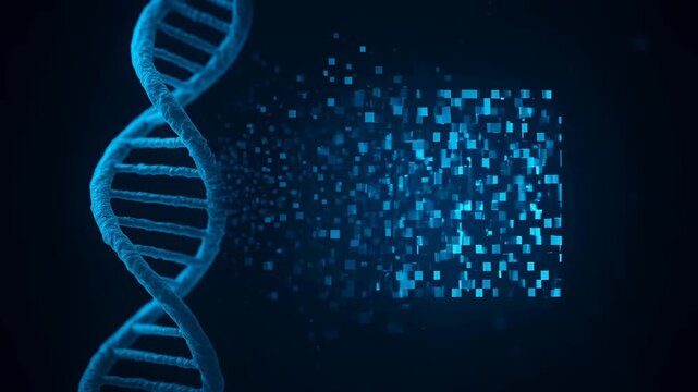 Futuristic biotechnology explores genetic data privacy as digital DNA helix dissolves into particle QR code, symbolizing future of personal information and human rights