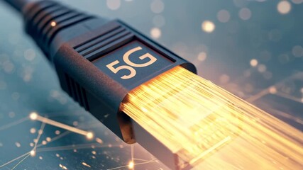 Future of communication technology visualized with glowing 5G network cable, enabling superior internet connection speed and high volume data transfer for next gen online experience