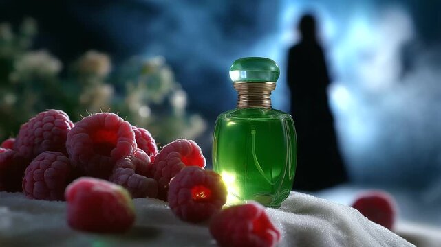 A faceless figure&rsquo;s silhouette blurred in the background while a green perfume bottle sits in the foreground surrounded by soft-focus raspberries and sugar mist, whimsical airy lig