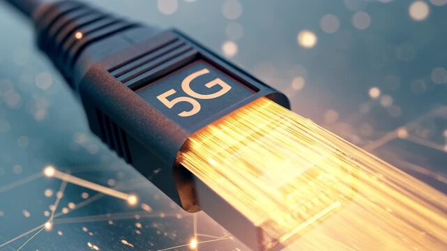 Future of communication technology visualized with glowing 5G network cable, enabling superior internet connection speed and high volume data transfer for next gen online experience