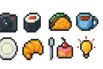 Pixel art food and camera icon set. Retro, nostalgic, 8-bit icons pixel collection
