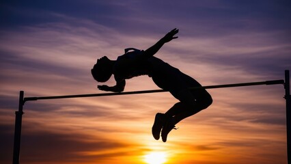 Silhouette of an athlete doing the high jump against a dramatic sunset sky.