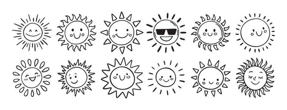 Cute kids sun doodle hand drawn icon set. Outline drawing funny happy smile suns cartoon characters line clipart symbol collection