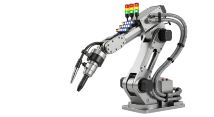 Industrial robotic arm, silver with signal lights and gripper, cutout, PNG isolated on transparent background