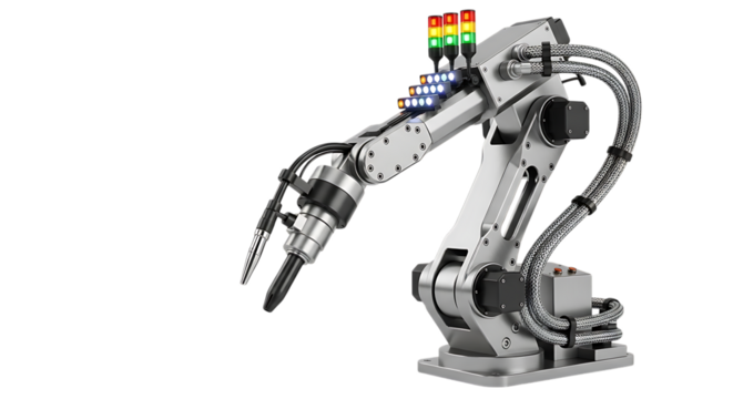 Industrial robotic arm, silver with signal lights and gripper, cutout, PNG isolated on transparent background