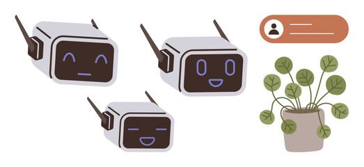 Friendly chatbot faces display emotions, paired with a user profile card and potted plant. Ideal for AI, communication, emotions, social media, user profiles, technology, simple flat metaphor