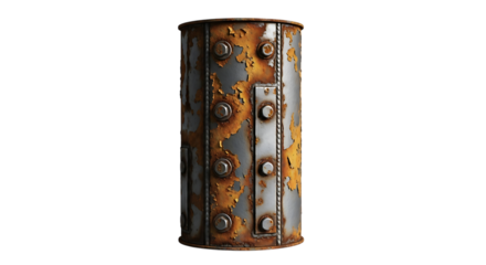 Cylindrical metal object, heavily rusted with bolts and riveted seams, cutout, PNG isolated on transparent background