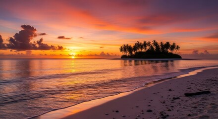 Stunning sunset over tropical island with vibrant orange and pink sky reflecting on calm ocean water