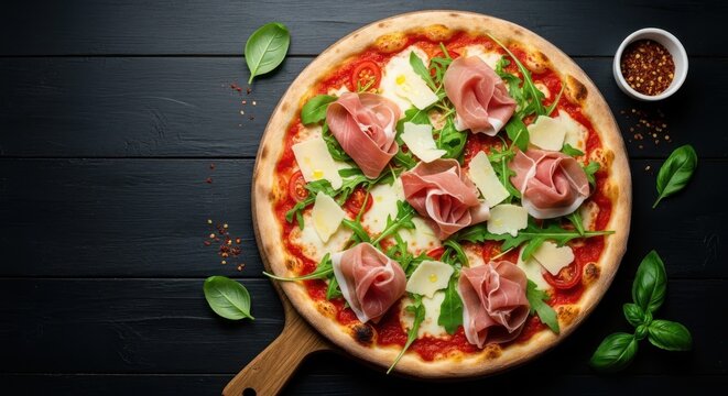 Delicious gourmet pizza with prosciutto, fresh arugula, parmesan cheese, and basil leaves on a rustic wooden board - Powered by Adobe