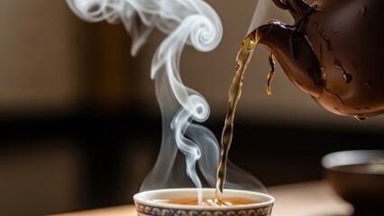 Steam swirls up from a cup as hot tea is poured into it from a brown teapot.