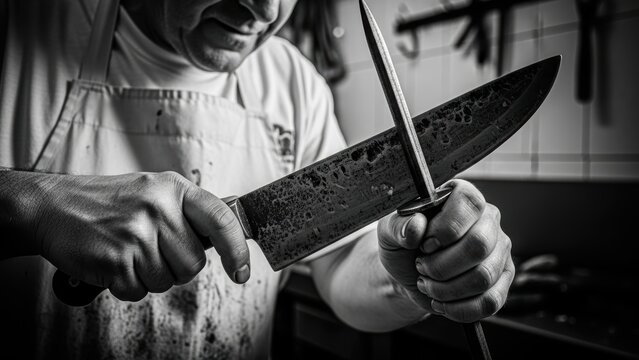 A chef in a dirty apron sharpens a large, worn knife with a honing steel in black and white.