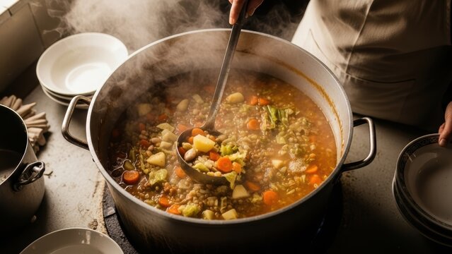 A person ladles hearty vegetable and bean soup from a large, steaming pot. - Powered by Adobe