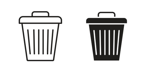 Bin icon with thin line and flat web symbol on white background