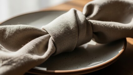 A beige linen napkin tied in a knot sits on a handmade plate in the sunlight.