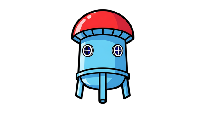 Cartoon water tower, blue with red mushroom shaped cap and circular windows, cutout, PNG isolated on transparent background - Powered by Adobe