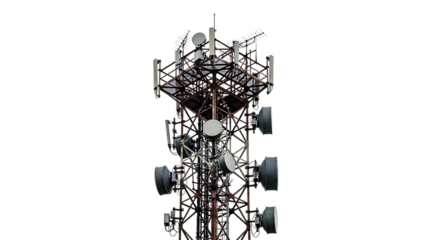 Cellular communication tower, close-up view with multiple antennas and satellite dishes, cutout, PNG isolated on transparent background
