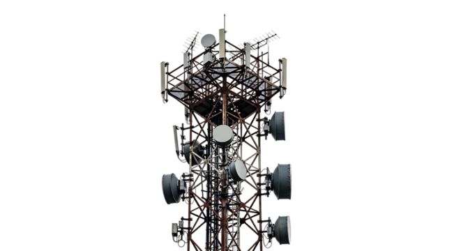 Cellular communication tower, close-up view with multiple antennas and satellite dishes, cutout, PNG isolated on transparent background