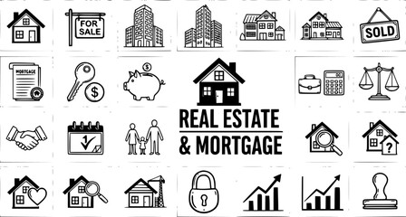 Hand-drawn Black  White Real Estate and Mortgage Icons Set with Houses, Finance, and Family Symbols