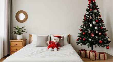 Cozy Christmas decorated bedroom interior with a festive tree, colorful ornaments, wrapped presents, and a cute Santa Claus plush toy on the bed, ready for holiday celebrations.