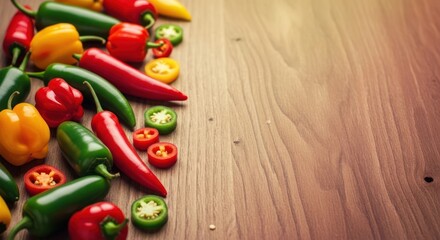 Colorful Arrangement of Peppers and Slices on Wooden Surface, Fresh Produce
