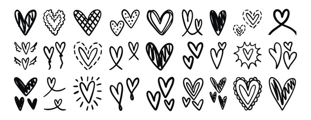 Monochrome heart doodles set. Hand drawn hearts in different styles, outline and line art for coloring pages and tattoos, isolated on monochrome. set, line art, outline, doodle.