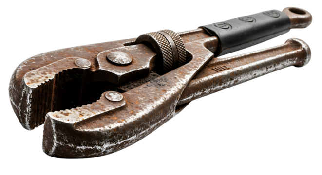 Pipe wrench, heavily rusted with black handle and serrated jaws, cutout, PNG isolated on transparent background