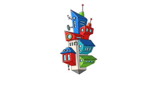 Cartoon tower, whimsical of colorful geometric buildings with antennas and satellite dish, cutout, PNG isolated on transparent background