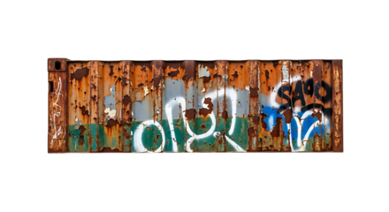 Shipping container side panel, heavily rusted with graffiti and peeling paint, cutout, PNG isolated on transparent background