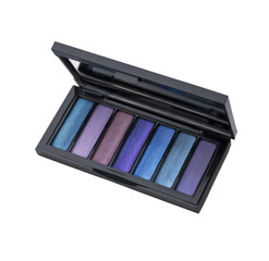 Open eyeshadow palette, black case, seven shades,  blues, purples,  metallic
