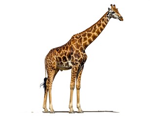 Majestic giraffe standing tall against a pristine white background in full view