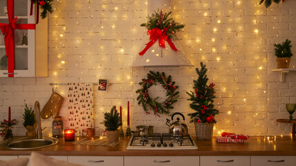 Cozy Christmas kitchen with festive decorations and fairy lights