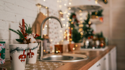 Fototapeta premium Cozy Christmas kitchen with festive decorations and holiday cheer