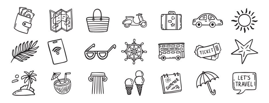 travel doodle hand drawn icon set. Outline drawing travel tourism line clipart symbols