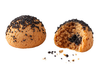 Two round, light-tan cookies, topped with black seeds, one whole, one broken in half, showing a light-brown interior.  Spiced seeds scattered below