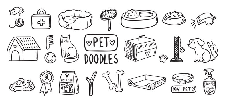 Pet Cat and Dog doodle hand drawn set elements. Pet stuff drawing isolated icons